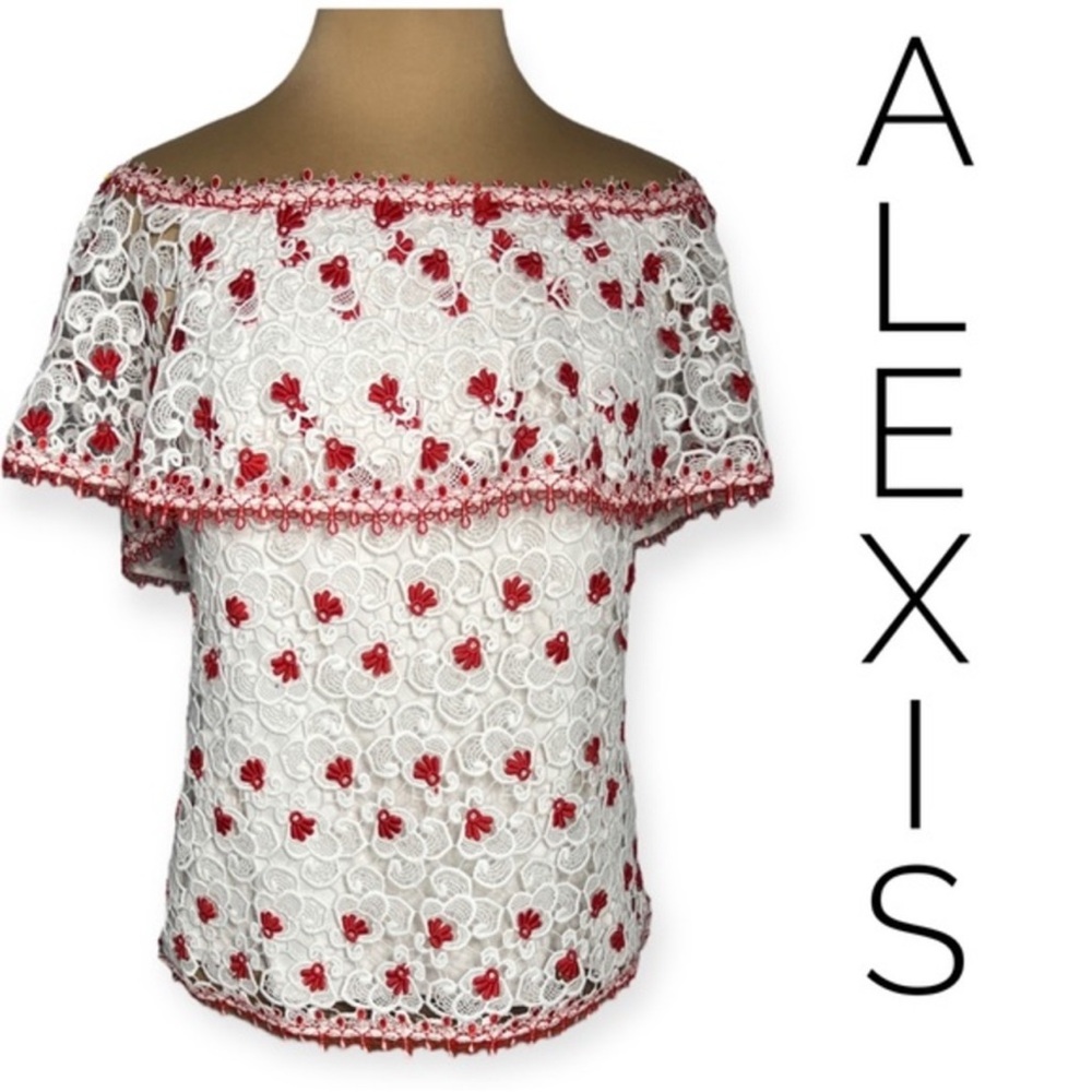 Alexis White Lace with Red Detail off the shoulder top with optional neck tie
